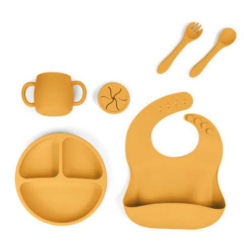 Baby Feeding Sets Yellow 1183 Silicone Baby Feeding Set Suction Plate Bib Cup Utensils Bpa Free Tableware