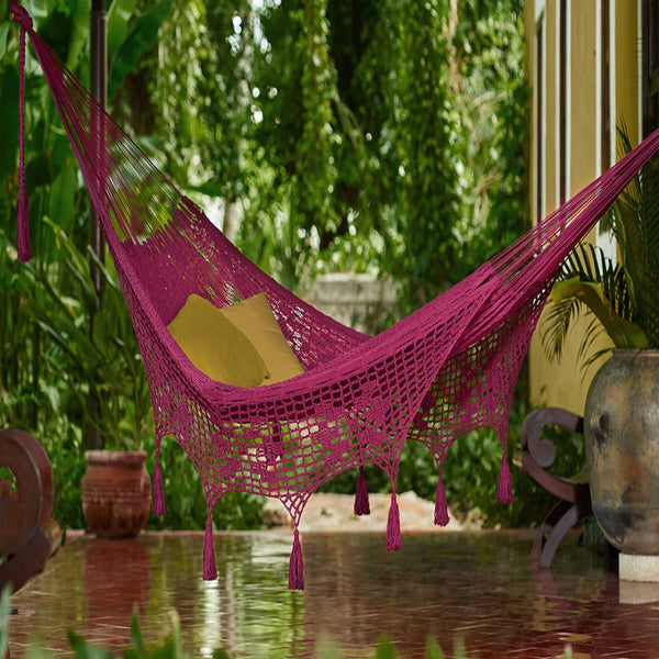 Hammocks Mayan Legacy Outdoor Undercover Cotton Hammock With Hand Crocheted Tassels King Size Mexican Pink