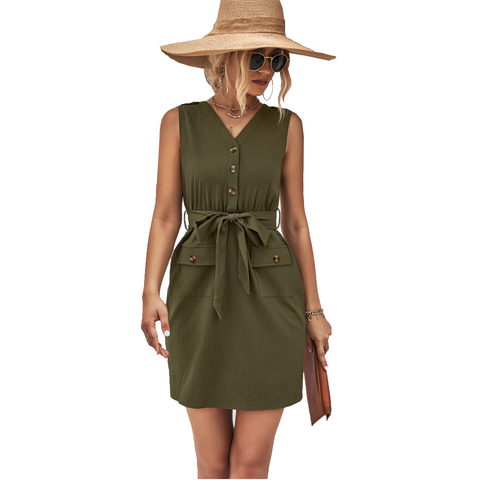 Dresses Womens Sleeveless Vneck Buttons Dress In Pink And Army Green For Clothing Category