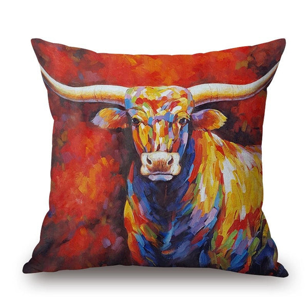 Cushions & Decorative Pillows A Colorful Bull On Animal Cotton Linen Pillow Cover