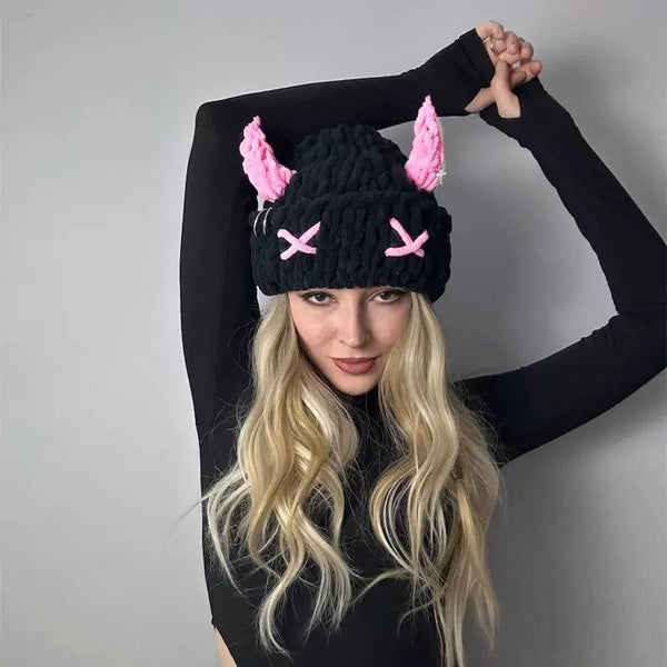 Hats Wool Hat With Cute Devil Mask Horns And Dome Crown For Warmth Style