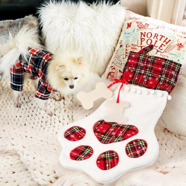 Seasonal Decorations Red Or Blue Plaid Paw Shaped Pet Christmas Stocking For Dogs Cats