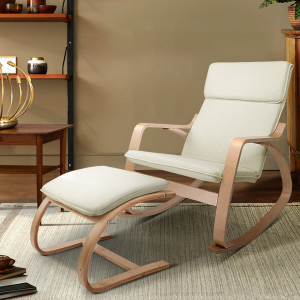 Artiss Wooden Armchair With Foot Stool - Beige