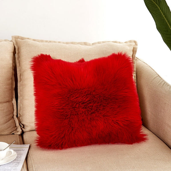 Cushions & Decorative Pillows 40X40cm Artificial Wool Fur Soft Plush Pillowcase Cushion Cover Red