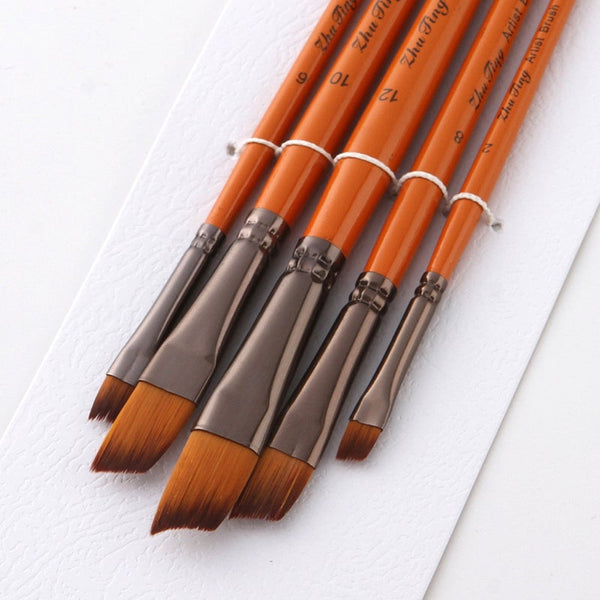 5Pc Brush Set Nylon Hair Wood Handle Watercolor Acrylic Oil Painting Oblique Tip