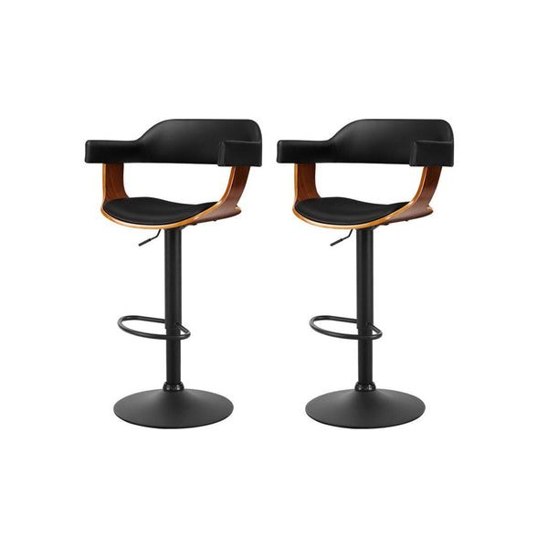 Benches Bar Stools Artiss 2X Bar Stools Gas Lift Leather With Armrest All Black Elegant Wooden Sea