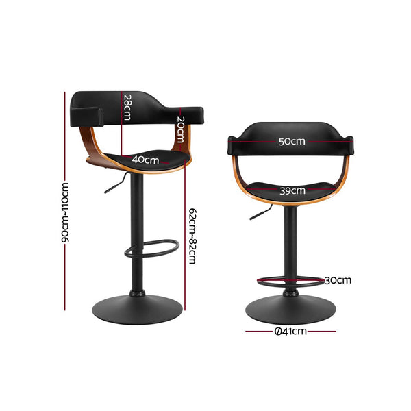 Benches Bar Stools Artiss 2X Bar Stools Gas Lift Leather With Armrest All Black Elegant Wooden Sea