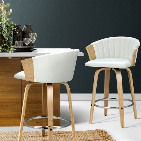 Artiss Set Of 2 Bar Stools Kitchen Wooden Chair Swivel Chairs Leather White