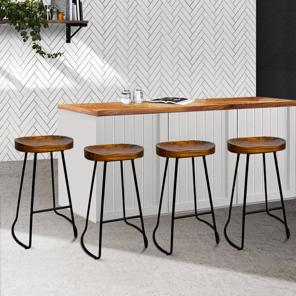 Benches Bar Stools Artiss Set Of 4 Elm Wood Backless Bar Stools 65Cm Black And Dark Natural