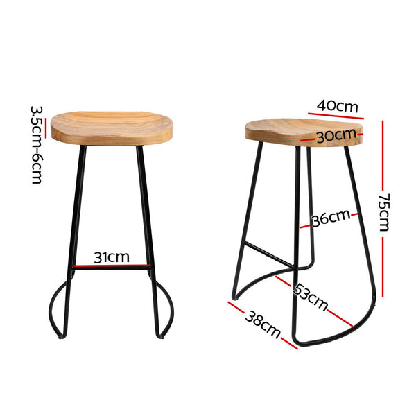 Benches Bar Stools Artiss Set Of 4 Elm Wood Backless Bar Stools 75Cm Black And Light Natural