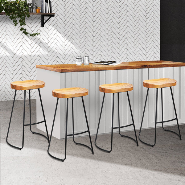 Benches Bar Stools Artiss Set Of 4 Elm Wood Backless Bar Stools 75Cm Black And Light Natural