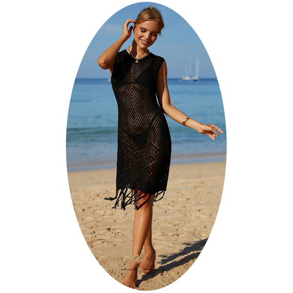 Knitted Beach Cover-Up Dress Hollow-Out Tassel Tunics Cover-Ups Beachwear