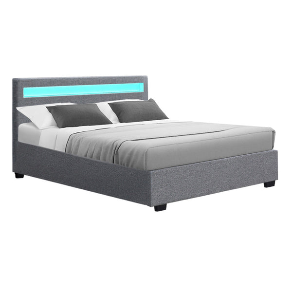 Double Bed Frames Artiss Cole Led Bed Frame Fabric Gas Lift Storage Grey Double