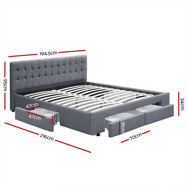 King Bed Frames Artiss Avio Bed Frame Fabric Storage Drawers Grey King