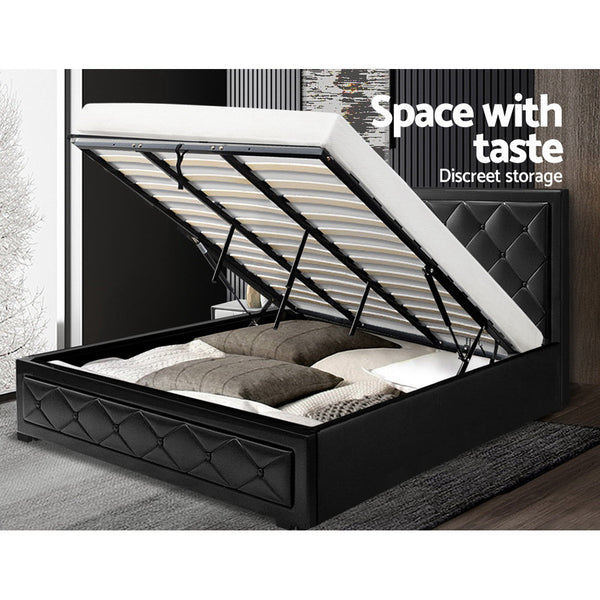 King Bed Frames Artiss Tiyo Bed Frame Pu Leather Gas Lift Storage Black King