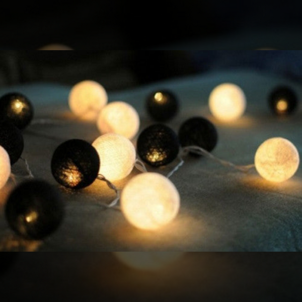 String Lights 1 Set Of 20 Led Black White 5Cm Cotton Ball Battery Powered Xmas Gift Home Wedding Party Bedroom Decoration Outdoor Indoor Table Centre