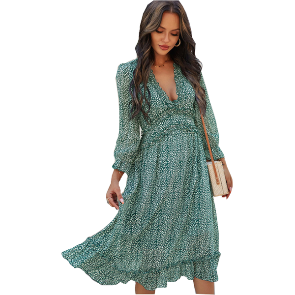 Boho All Over Print Frill Trim Women's Summer Long Sleeve V Neck Dress