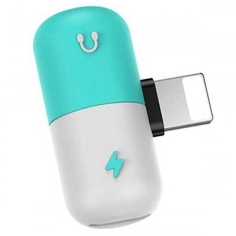 Capsule Pill Shape Mini 8 Pin Male To 2 Female Charging Adapter For Charge And Audio Medium Aquamarine