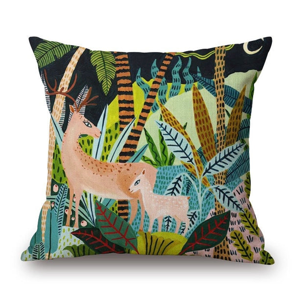 Cushions & Decorative Pillows Cartoon Rainforest Deers On Cotton Linen Pillow Cover