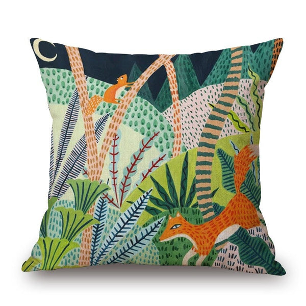 Cushions & Decorative Pillows Cartoon Rainforest Foxes On Cotton Linen Pillow Cover