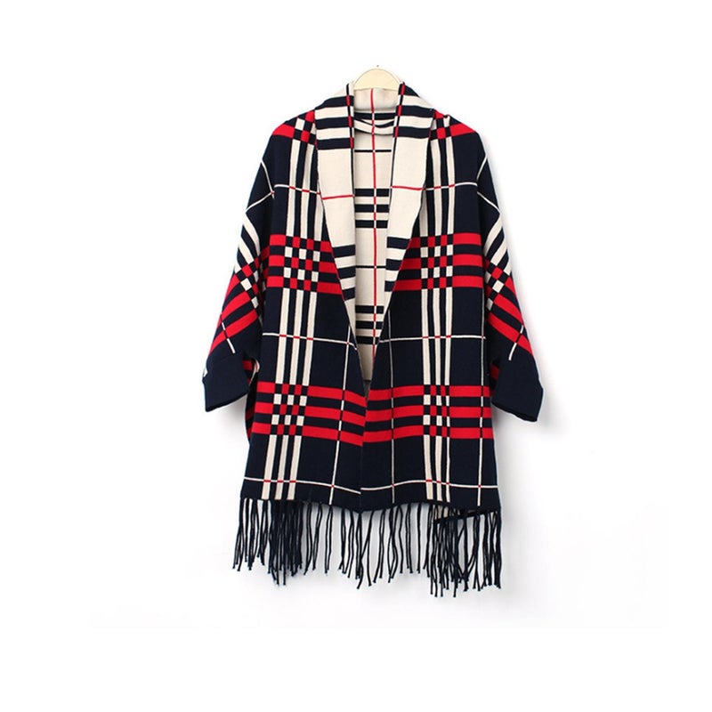 Scarves & Wraps Chequered Shawl Poncho Batwing Sleeve Coat Fringed Autumn And Winter Scarf Blue