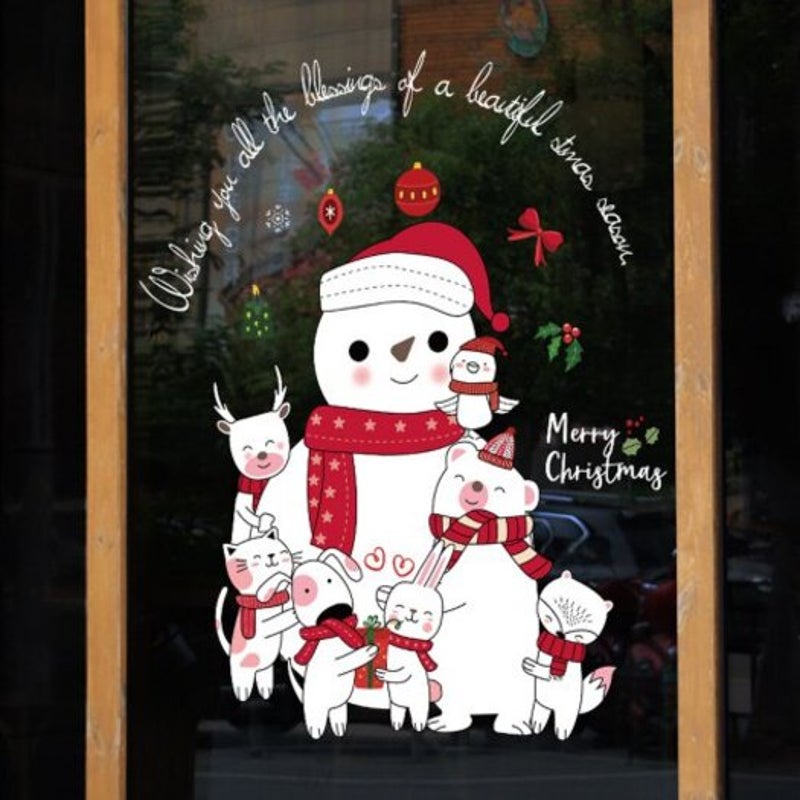 Christmas Animal World Snowman Door And Window Background Removable Wall Sticker Multi 45X60cm
