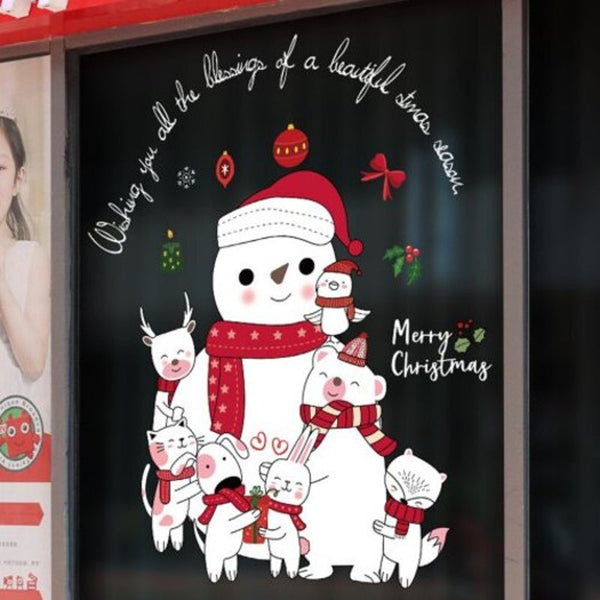 Christmas Animal World Snowman Door And Window Background Removable Wall Sticker Multi 45X60cm