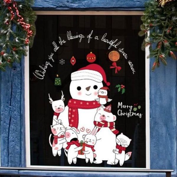 Christmas Animal World Snowman Door And Window Background Removable Wall Sticker Multi 45X60cm