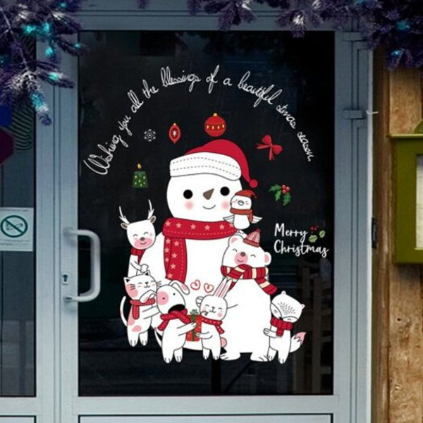 Christmas Animal World Snowman Door And Window Background Removable Wall Sticker Multi 45X60cm