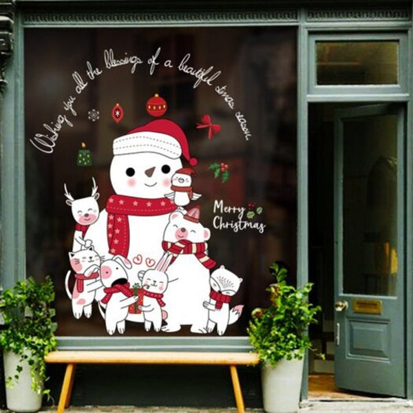 Christmas Animal World Snowman Door And Window Background Removable Wall Sticker Multi 45X60cm