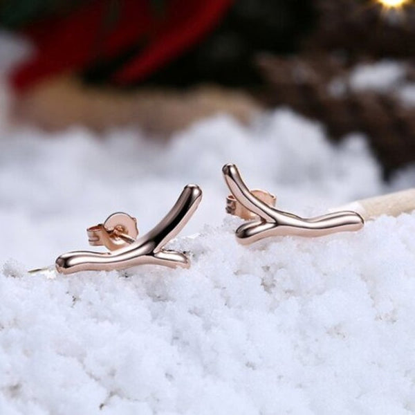 Earrings Christmas Antler With Rose Gold Studs