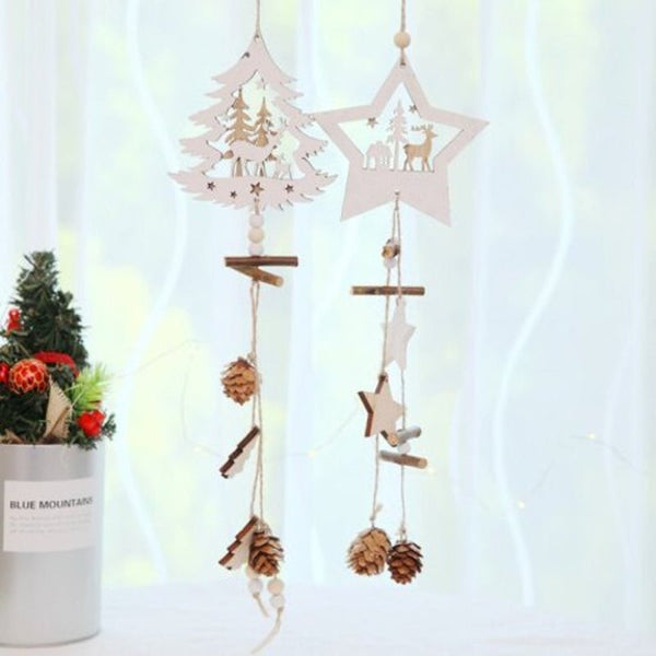 Christmas Supplies Wooden Five Pointed Star Hanging Rope Pine Cone Decoration Pendant