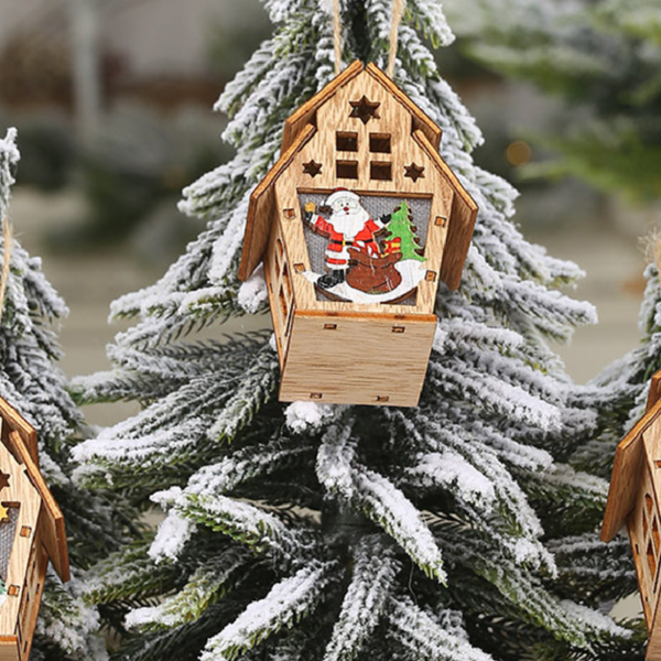 Seasonal Decorations 2Pcs Christmas Assembled Wooden Light Cabin Ornaments Double Layer Santa Claus