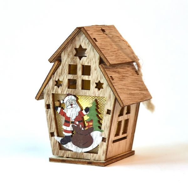 Seasonal Decorations 2Pcs Christmas Assembled Wooden Light Cabin Ornaments Double Layer Santa Claus