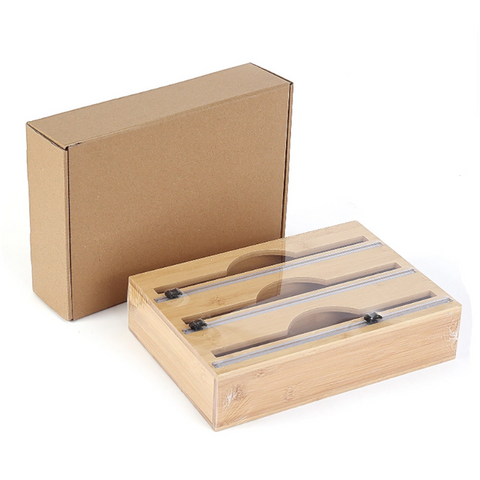 3 Grids Bamboo Food Wrap Dispenser Cutter Foil Cling Film Storage Holder Box Kitchen