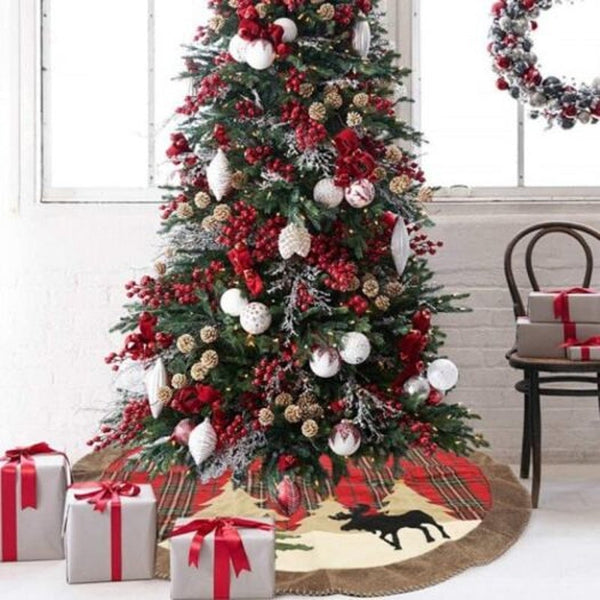 Creative Christmas Series Plaid Print Applique Mat Round Xmas Tree Decoration Floor Pad Multi