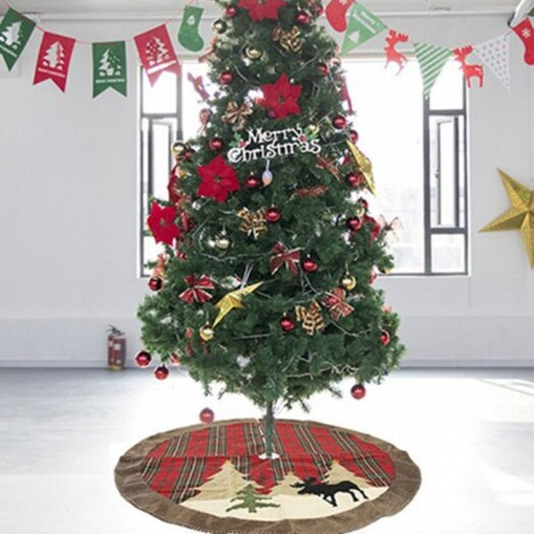 Creative Christmas Series Plaid Print Applique Mat Round Xmas Tree Decoration Floor Pad Multi