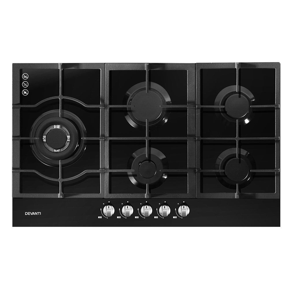 Cooktops Devanti Gas Cooktop 90Cm 5 Burner Stove Hob Cooker Kitchen Ng Lpg Black Glass