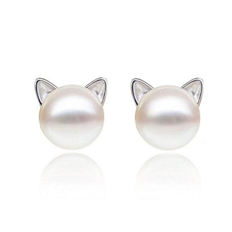 Earrings Cute Cat Freshwater Cultured Pearl Sterling Silver Stud