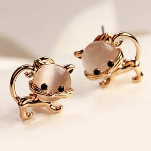 Earrings Cute Faux Opal Kitten Tiny Stud Golden