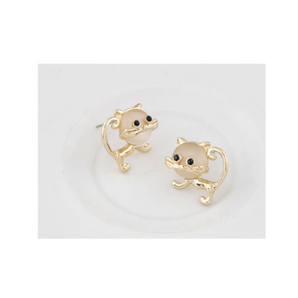 Earrings Cute Faux Opal Kitten Tiny Stud Golden