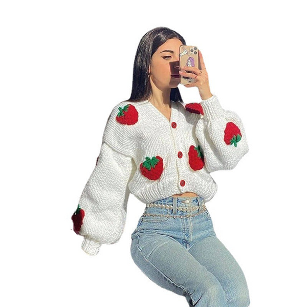 Cute Kawaii White Strawberry Loose V Neck Cardigan Sweater For Women