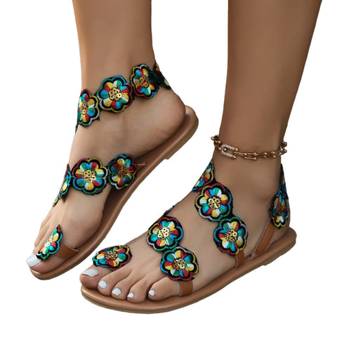 Flats Ethnic Style Flowers Flat Sandals Casual Clip Toe Beach Shoes For Women