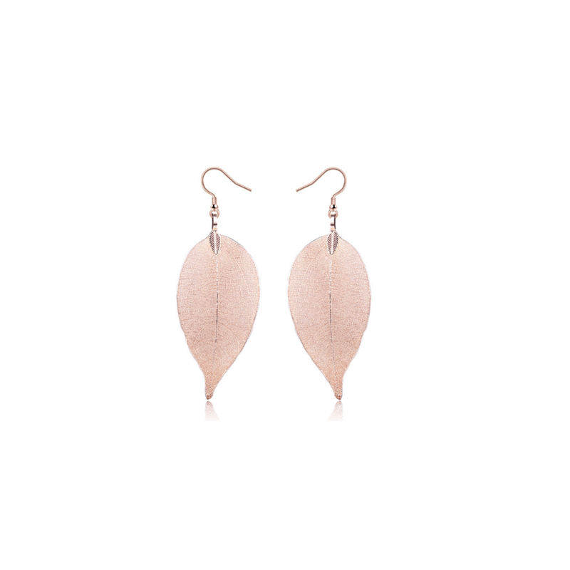 Delicate Filigree Leaf Drop Leaves Ear Studs Long Dangle Earrings Rose Gold