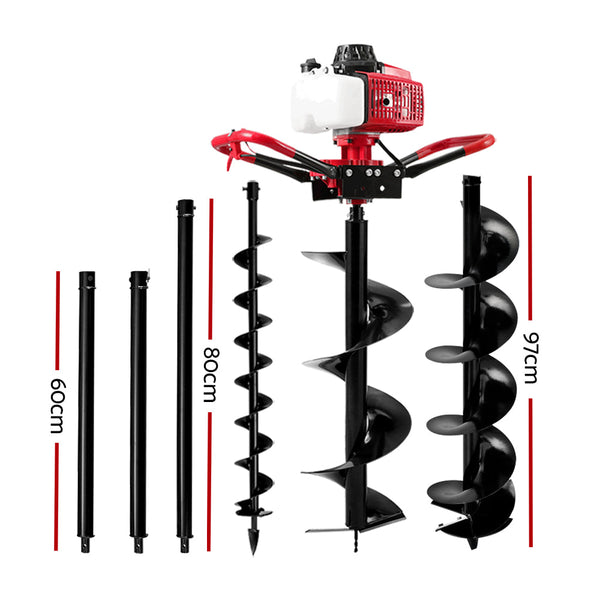 Post Hole Diggers & Augers Giantz 80Cc Post Hole Digger Petrol Motor Drill Extension Auger Bits