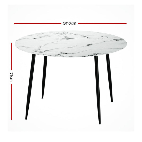 Dining Tables Artiss Dining Table Round Wooden With Marble Effect Metal Legs 110Cm White