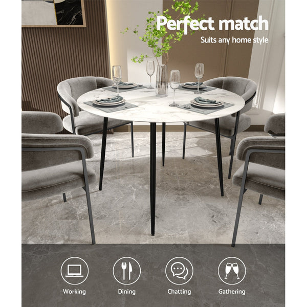 Dining Tables Artiss Dining Table Round Wooden With Marble Effect Metal Legs 110Cm White