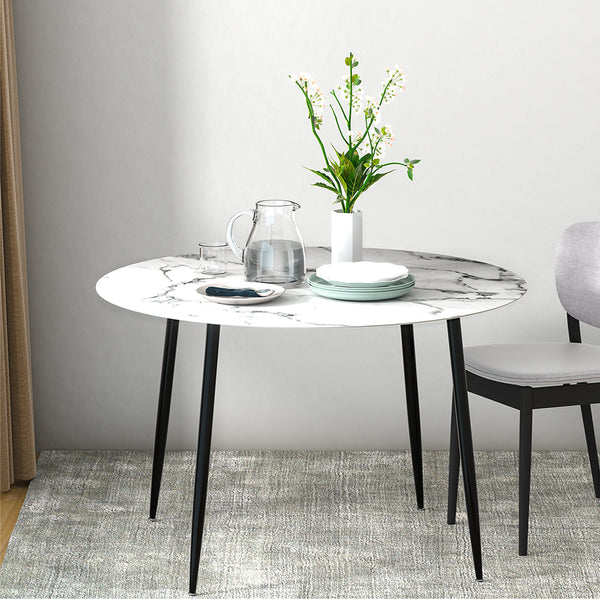 Dining Tables Artiss Dining Table Round Wooden With Marble Effect Metal Legs 110Cm White