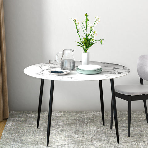 Artiss Dining Table Round Wooden With Marble Effect Metal Legs 110Cm White