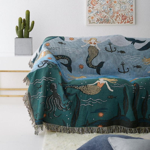 Throws & Afghans Throw Blanket Blue Faux Cashmere Sofa Cover Mermaid Pattern Tassel Soft Picnic Camping Mat